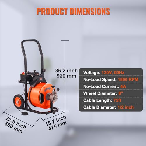 100FT x 3/4 Inch Drain Cleaning Machine Sewer Auger Auto Feed with 4 Cutter & Air-activated Foot Switch O43718