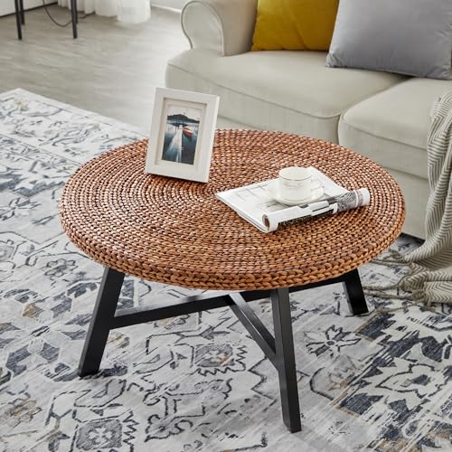 Natural Seagrass Round Coffee Table with Solid Wood Base, 32 x 17 Inches D150314