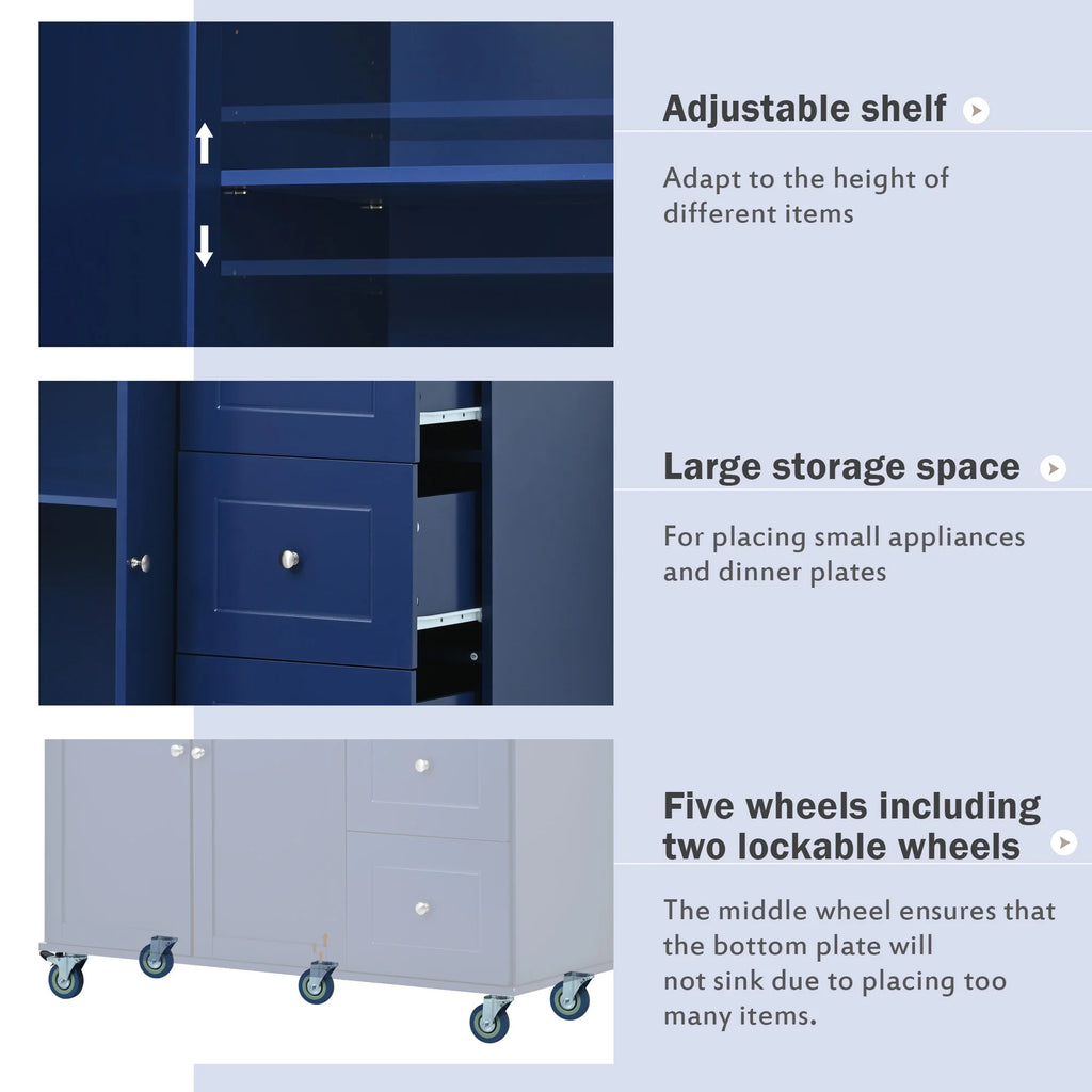 Dark Blue Mobile Kitchen Island Cart with Wood Top and Drop Leaf L542