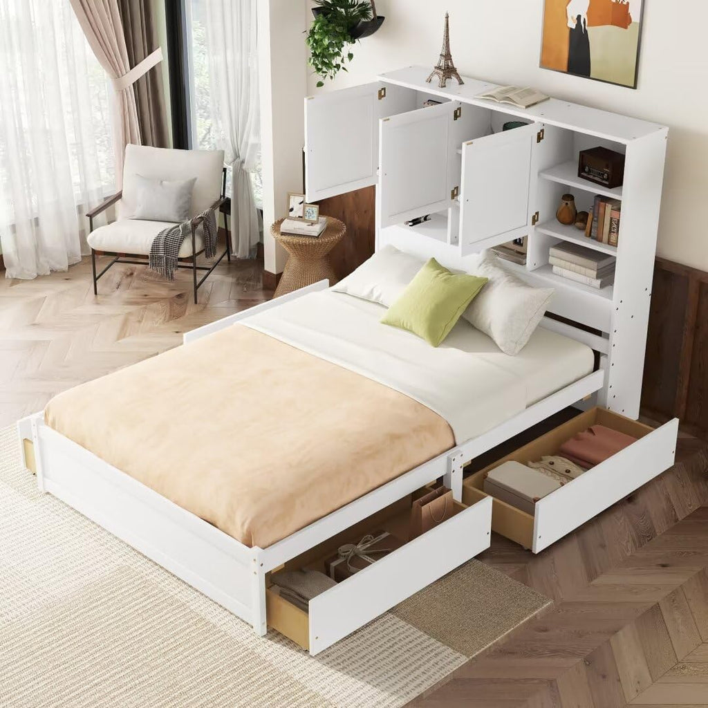 Queen Size Platform Bed with 4 Storage Drawers & Bookcase Headboard, White N13470