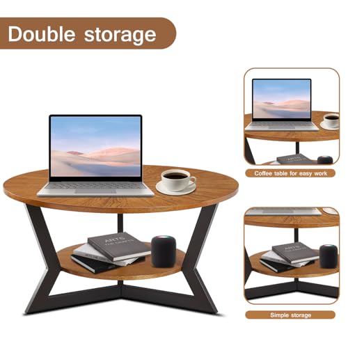 Round Wood Coffee Table with Storage Rack, 35 x 35 x 17 in M3140
