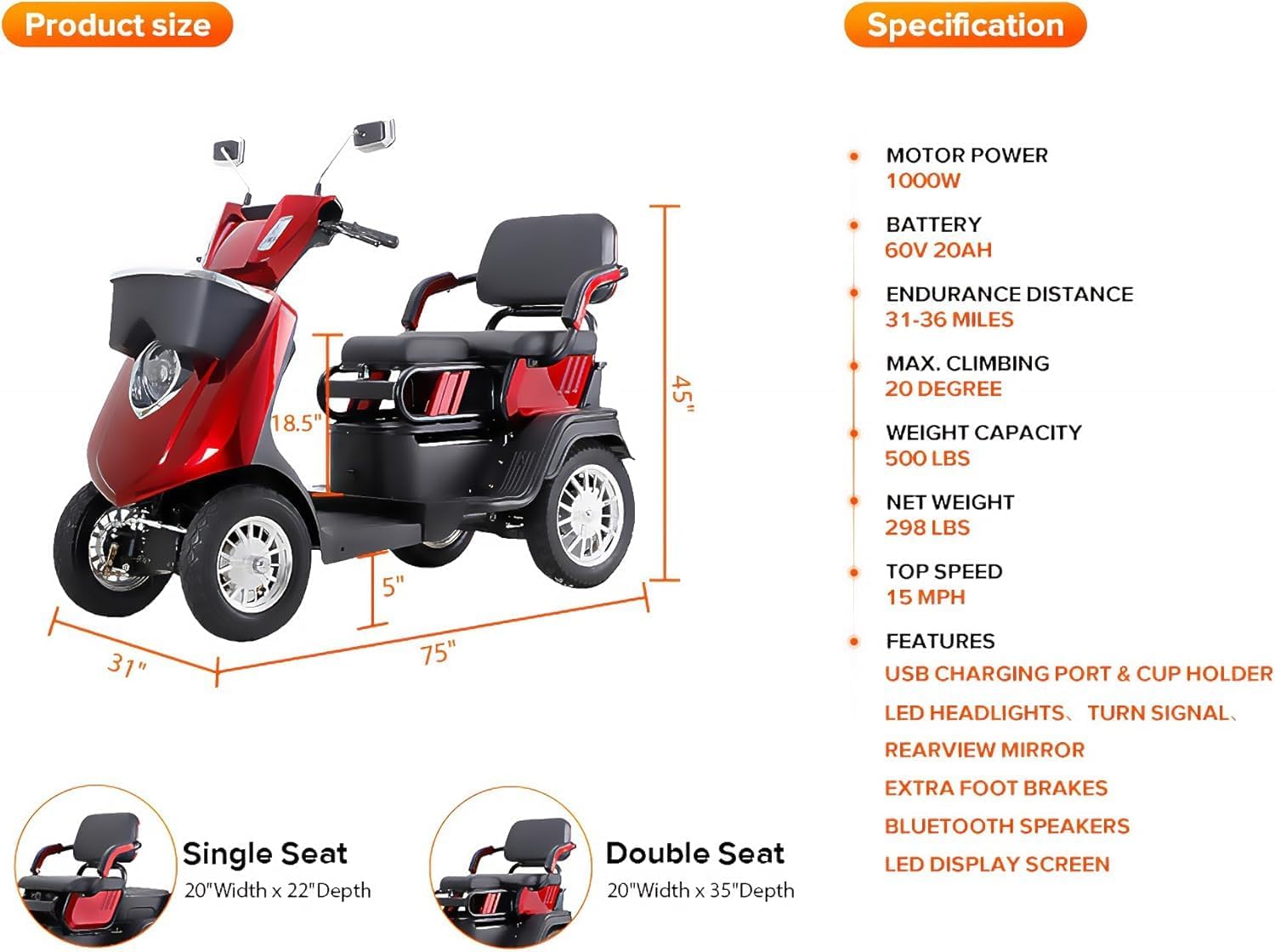 Red 2 Seater Mobility Scooter K4885