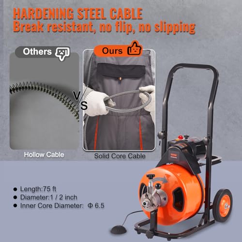 100FT x 3/4 Inch Drain Cleaning Machine Sewer Auger Auto Feed with 4 Cutter & Air-activated Foot Switch O43718