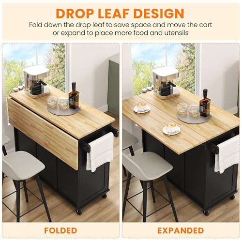 Black Kitchen Island Cart with Drop-Leaf Countertop, Rolling Storage Cabinet & 3 Drawers C2225