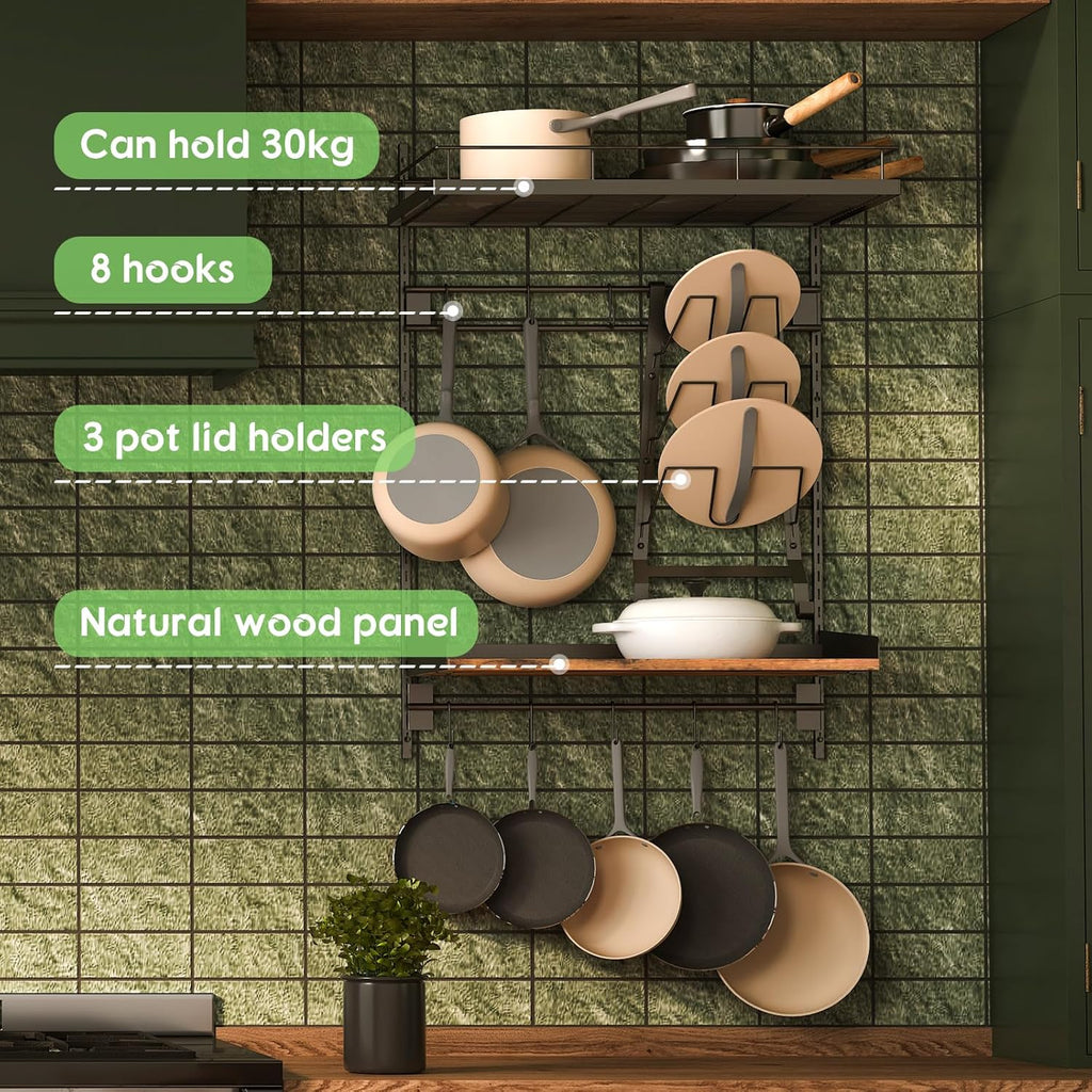 2 Pack Wall Mounted 2 Tier Pot Rack with 8 Hooks N75421