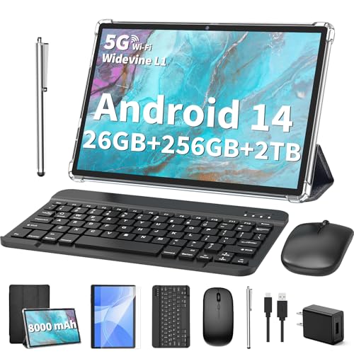 Android 14 Tablet 10 inch with Keyboard, 26GB RAM+256GB ROM, 8000mAh, Black O26598