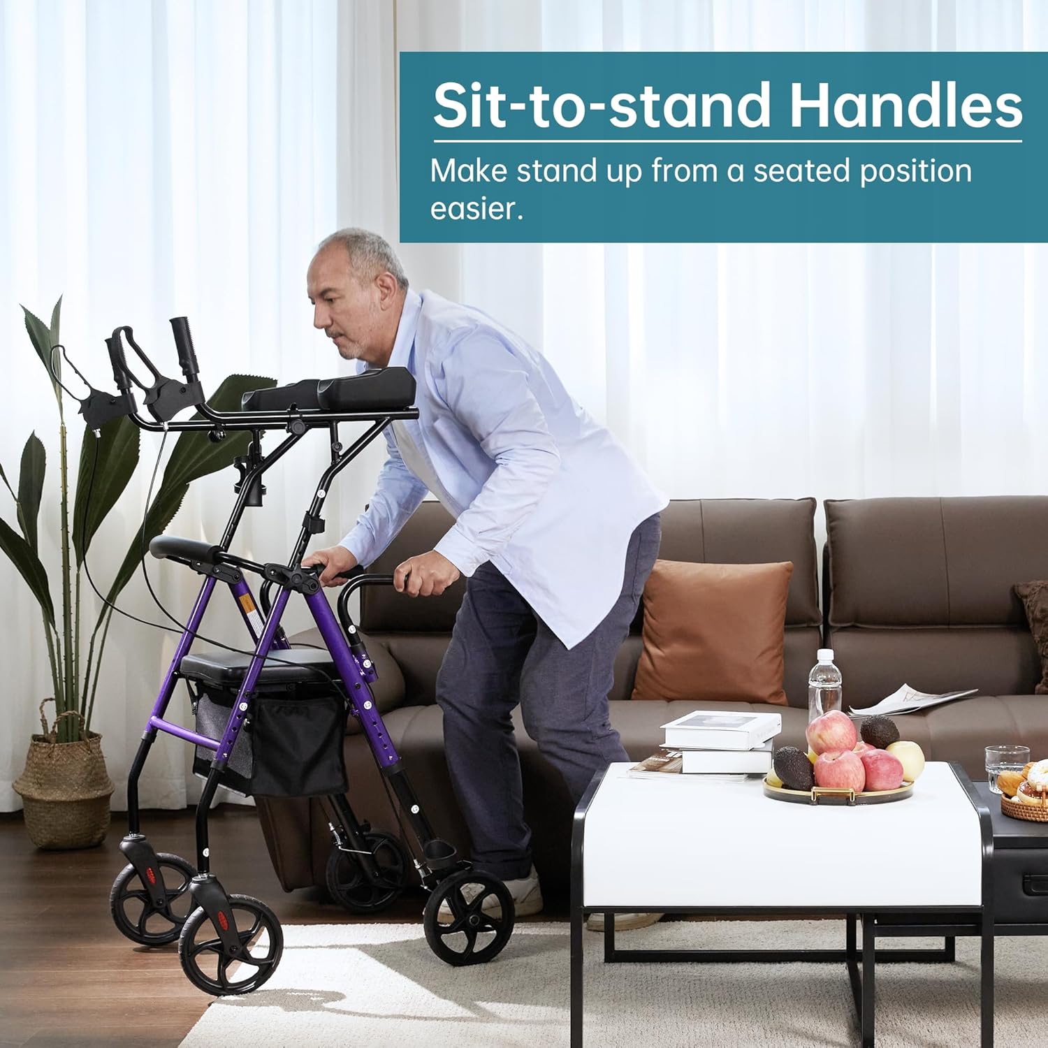Purple Upright Rollator Walker with Padded Seat and Backrest Y5178