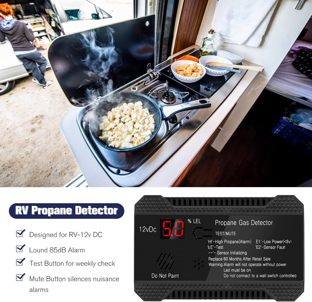 Black 12V Propane Gas Detector with LCD Display and 85dB Alarm L649