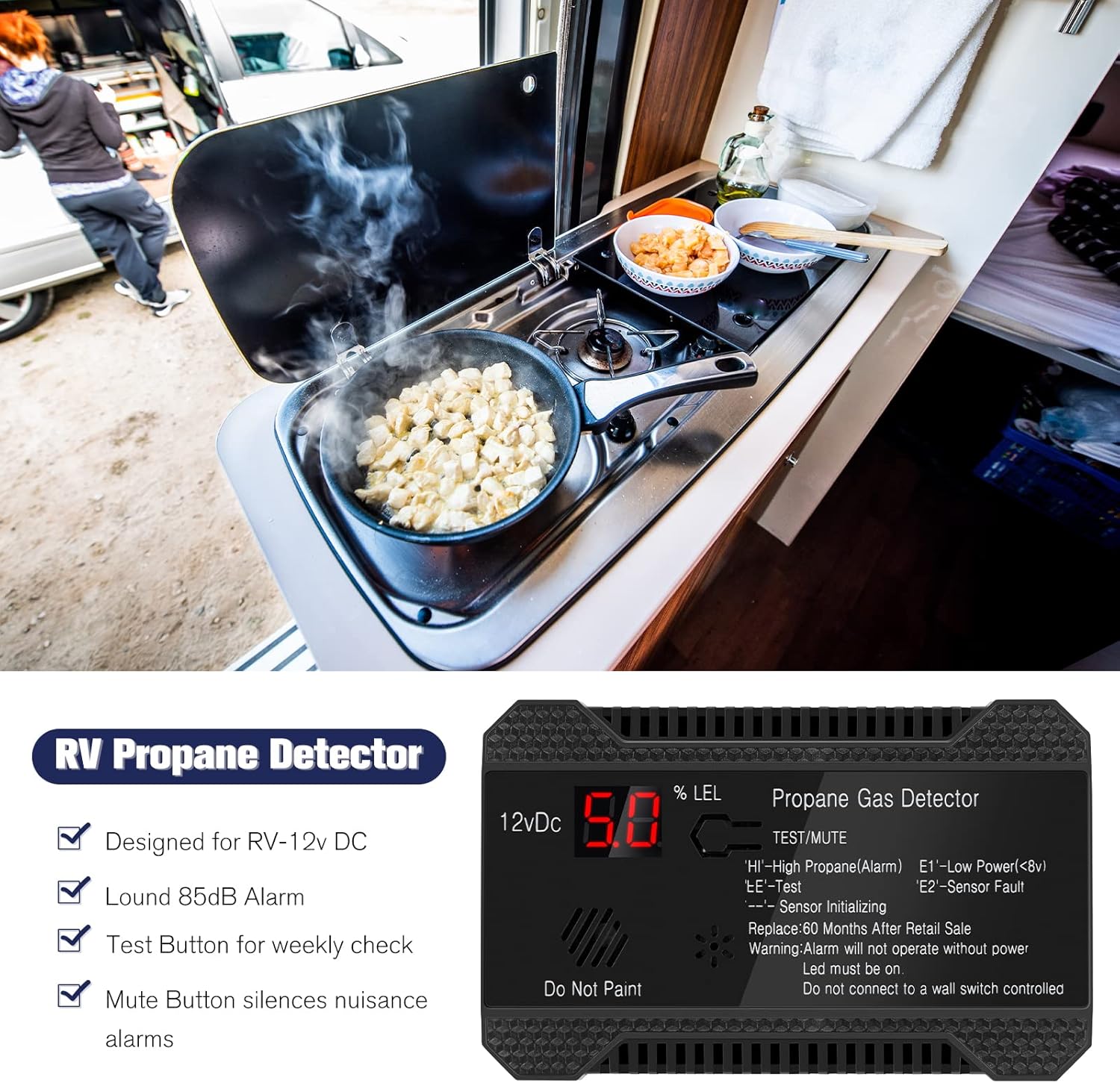 Black 12V Propane Gas Detector with LCD Display and 85dB Alarm L649