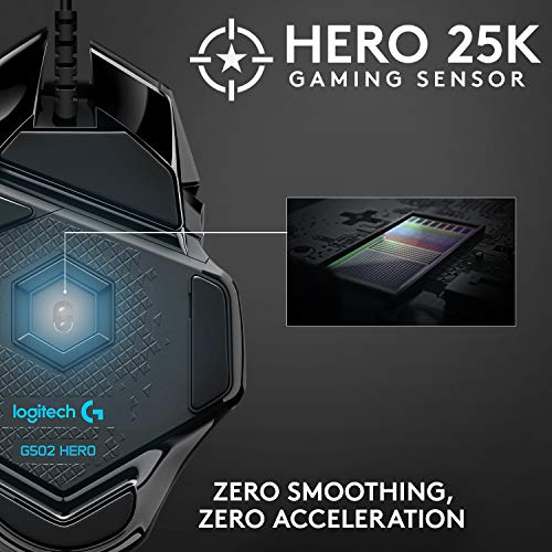 G502 HERO Wired Gaming Mouse with HERO 25K Sensor, 25,600 DPI, RGB, Adjustable Weights, 11 Programmable Buttons T582