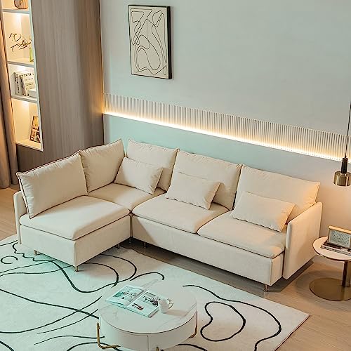 90.9 in L-Shaped Cotton Linen 3-Seater Modular Sofa with 3 Throw Pillows L188