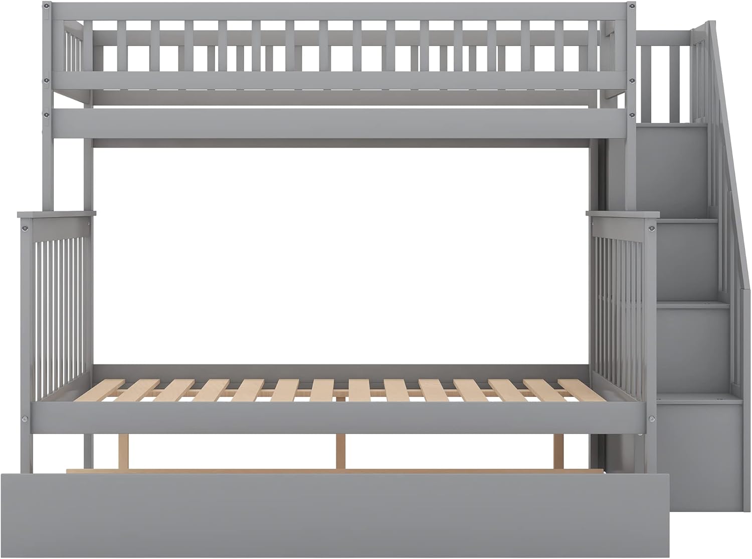 Gray Wood Twin Over Full Bunk Bed Frame with Trundle I225