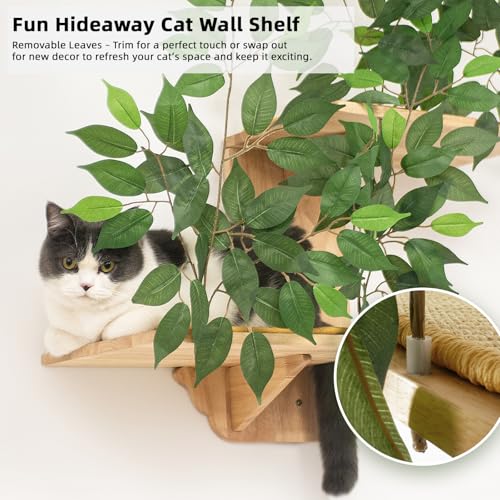 Cat Wall Shelves with Leaves, 2 Platform, Rubber Wood Wall Perch with Mat, Bridge J229356