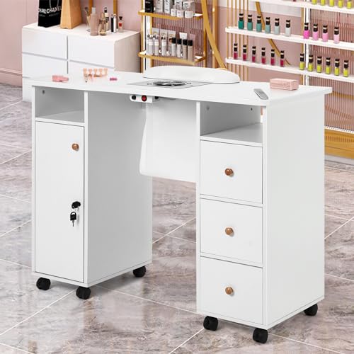 White Manicure Table with Storage Drawers and Lockable Wheels Q733512