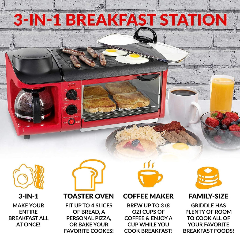Red 3-in-1 Breakfast Station with Coffee Maker, Non-Stick Griddle, and 4-Slice Toaster Oven W9844