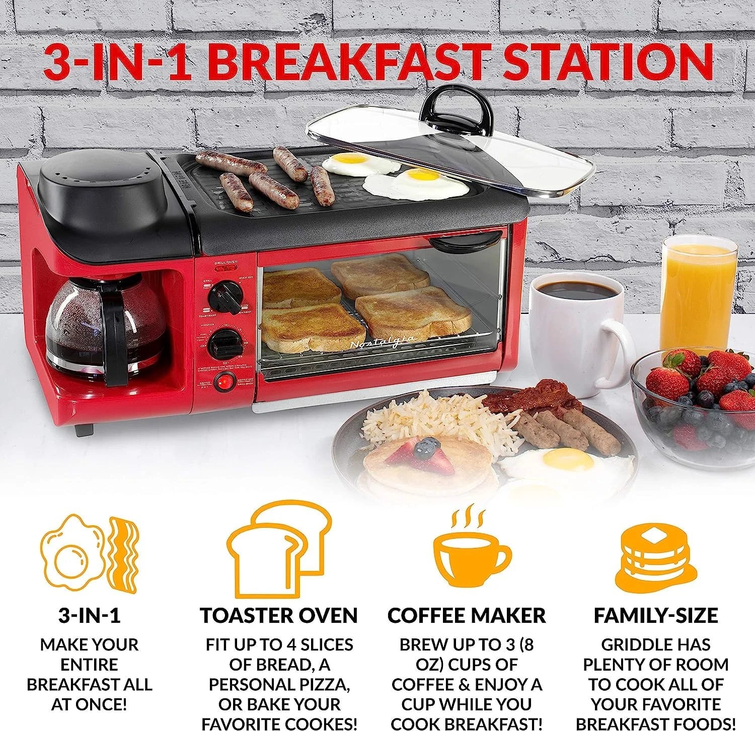 Red 3-in-1 Breakfast Station with Coffee Maker, Non-Stick Griddle, and 4-Slice Toaster Oven W9844