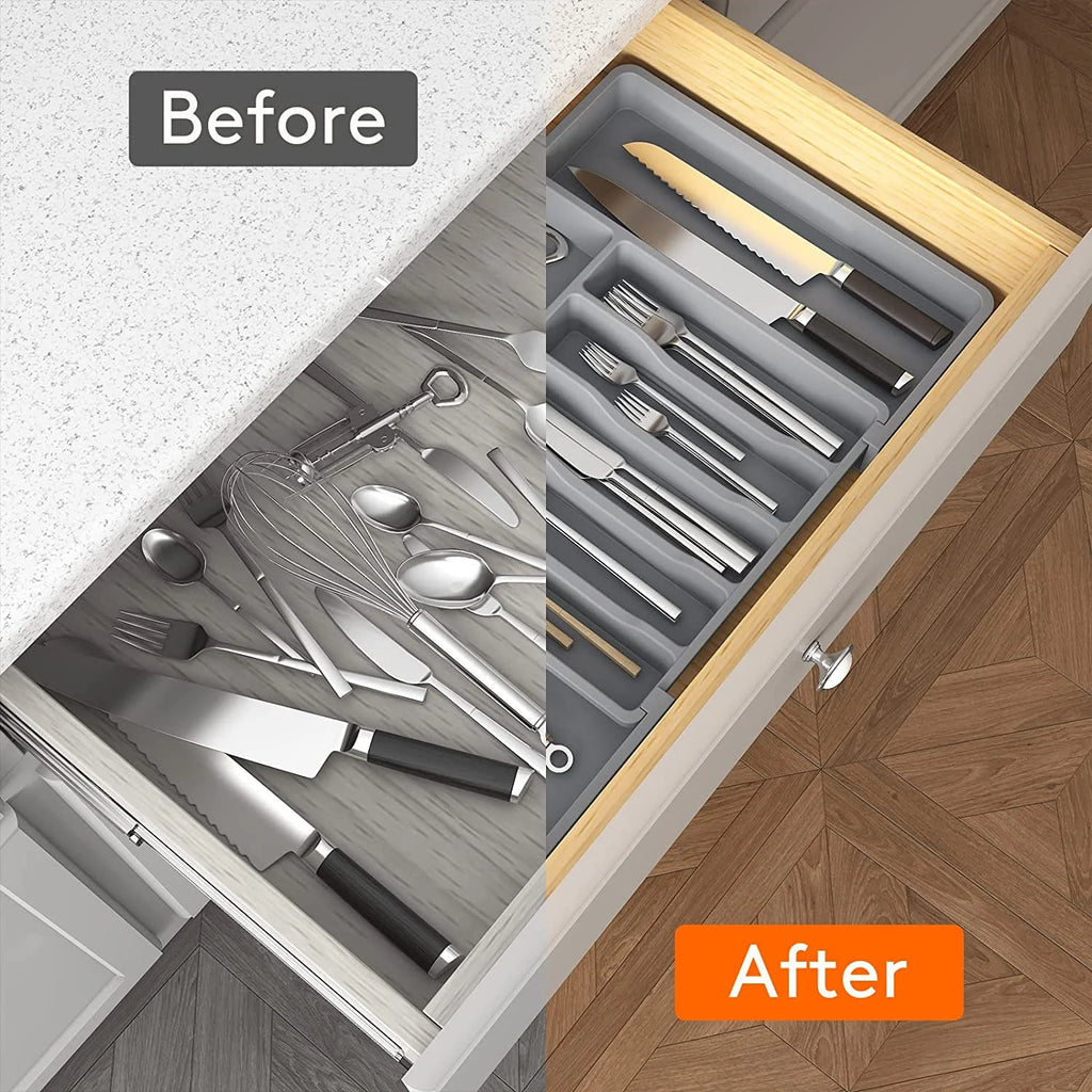 Grey Expandable Plastic Silverware Drawer Organizer H36058