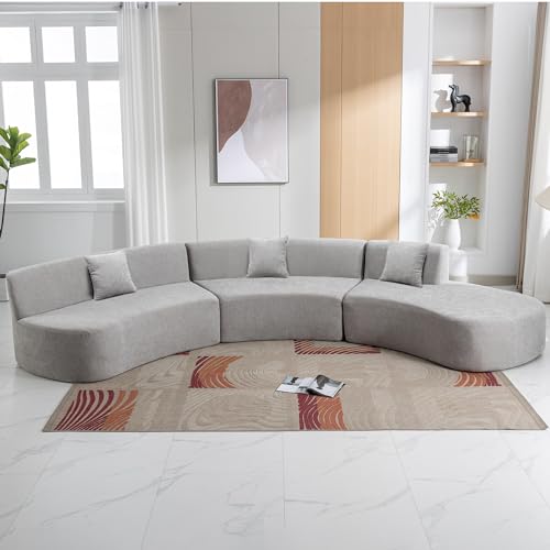 Grey Chenille Curved Sofa Sectional with Three Throw Pillows C11439