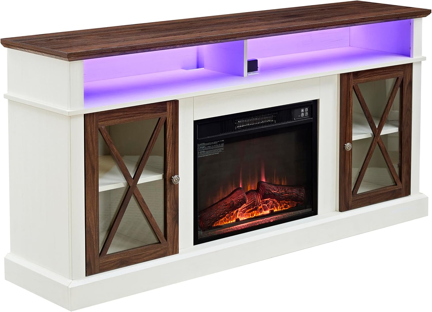 White TV Stand with Glass Barn Door and Adjustable Storage Shelves F9125