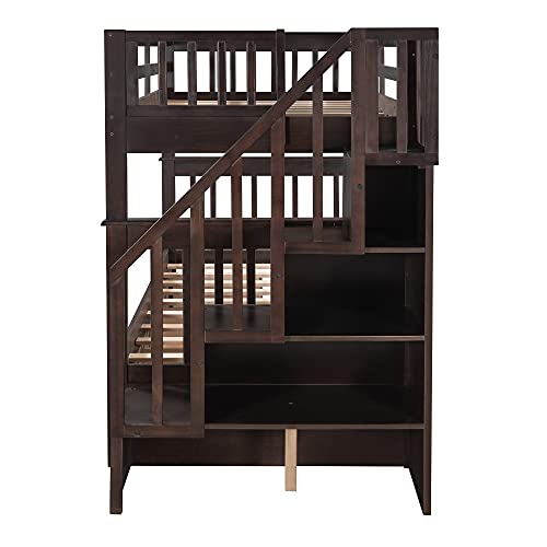 White Twin Over Full Wood Bunk Bed with Stairs and Storage Drawers Q9073