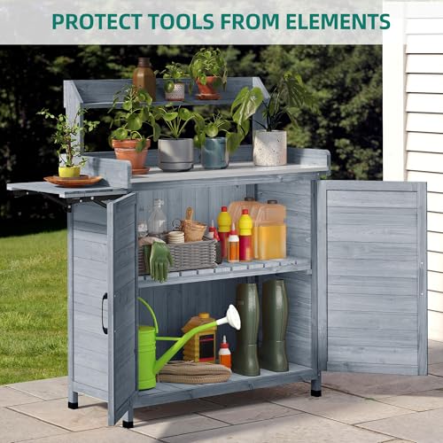 Solid Wood Potting Bench Table with Folding Pallet and Metal Tabletop, Grey J456210