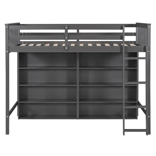 White Full Size Wood Loft Bed with Cabinet and Bookshelf L1251
