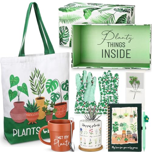 8 Pcs Plant Gift Box with Mug, Tote Bag, Plant Pot, Gardening Gloves T540135