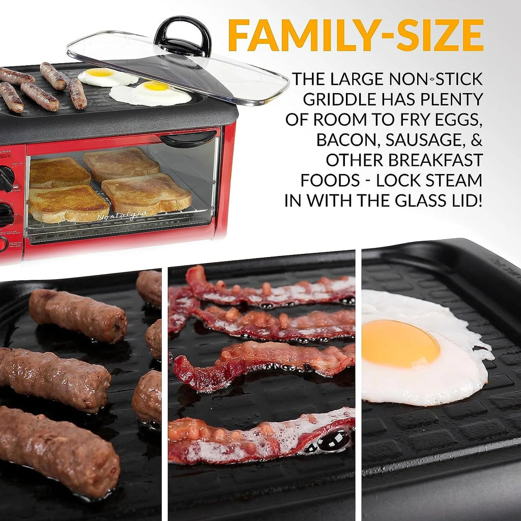Red 3-in-1 Breakfast Station with Coffee Maker, Non-Stick Griddle, and 4-Slice Toaster Oven W9844