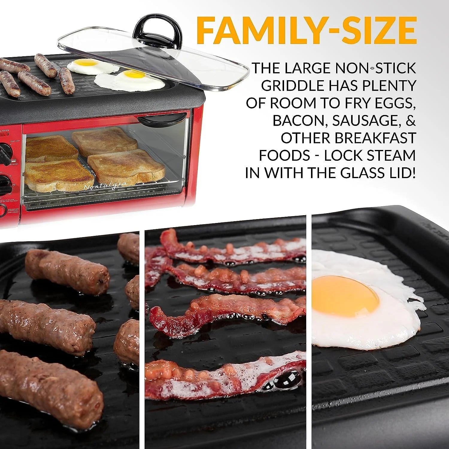 Red 3-in-1 Breakfast Station with Coffee Maker, Non-Stick Griddle, and 4-Slice Toaster Oven W9844