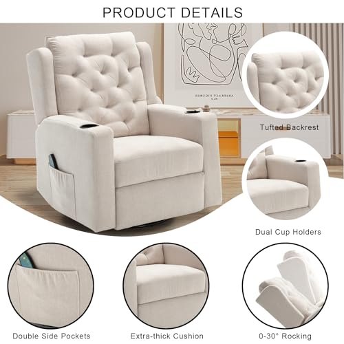 Oversized Swivel Rocker Recliner Chair with Cup Holders, Beige S960