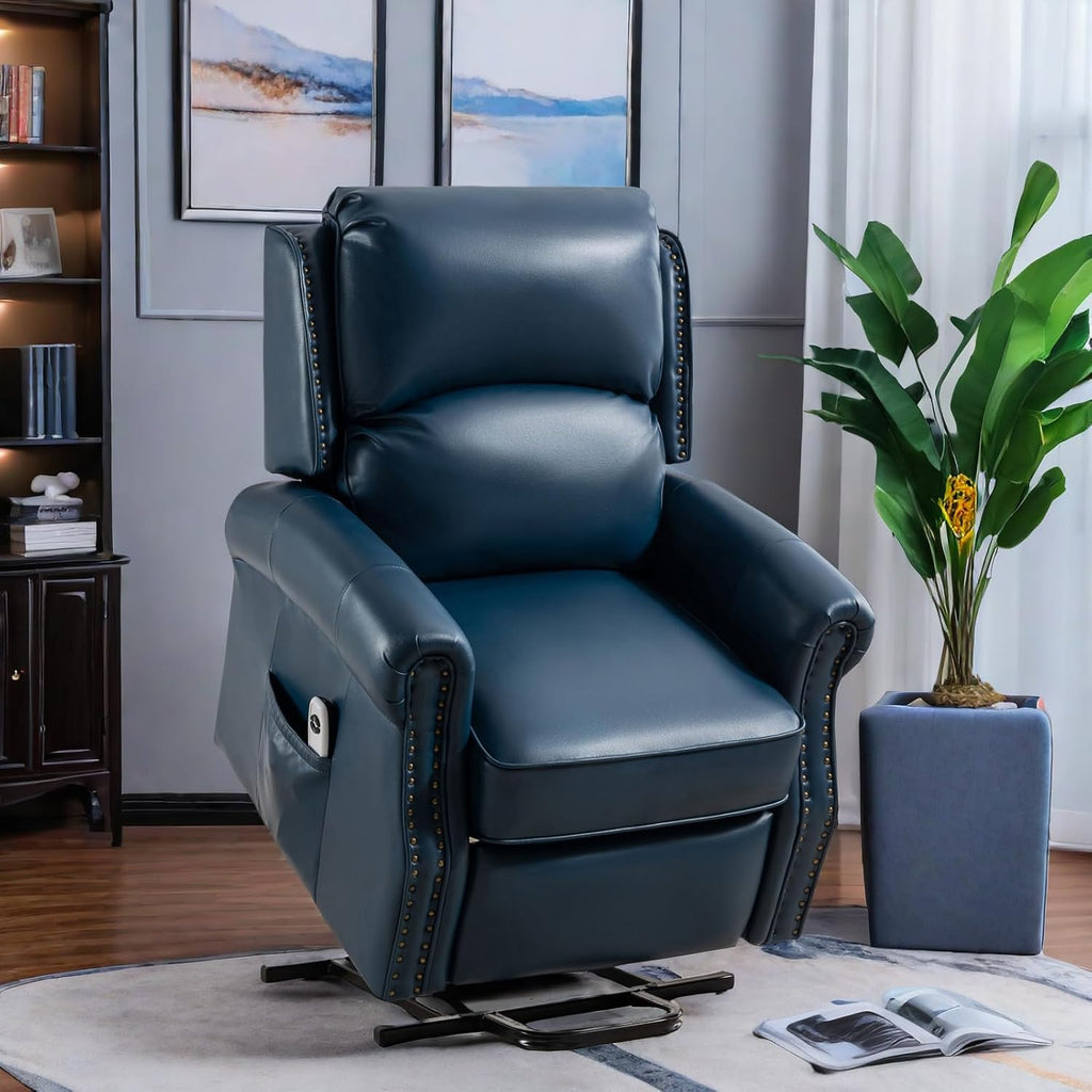 Navy Blue Faux Leather Power Lift Recliner Chair L397
