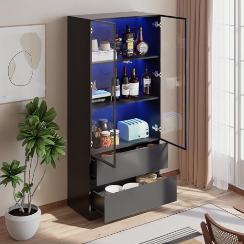 Glass Display Cabinet with LED Lights, 3-Tier Shelves and 2 Drawers X216489