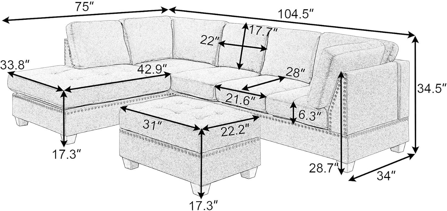 Reversible Sectional Sofa with Storage and Chaise Lounge Couch, Wooden Frame L-Shaped Corner Sofa Set with Ottoman, Black Z21357