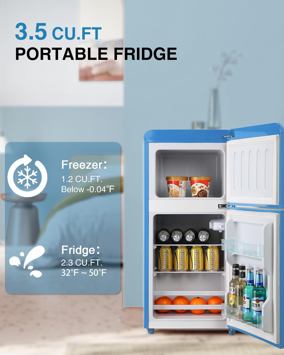 Compact Refrigerator Double Door Mini Fridge with Freezer, 3.5 Cu.ft, Blue Y168