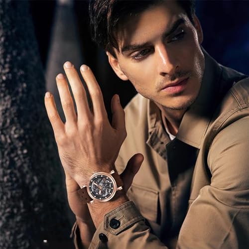 Black Skeleton Dial 50M Waterproof Leather Mechanical Watch Q933693