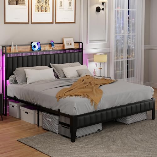 Black Queen Upholstered Platform Bed Frame with Storage Headboard T3462