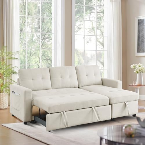 Light Gray Chenille Reversible Sleeper Sectional Sofa with Storage Chaise X115
