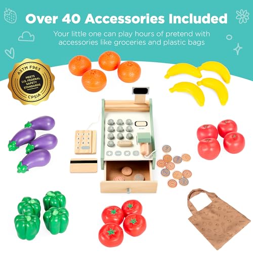 Red Wooden Supermarket Toy Set with Play Food, Cash Register, Conveyor F303776