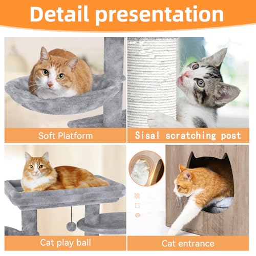 Grey Litter Box Enclosure with Cat Tree and Sisal Scratching Post W588290