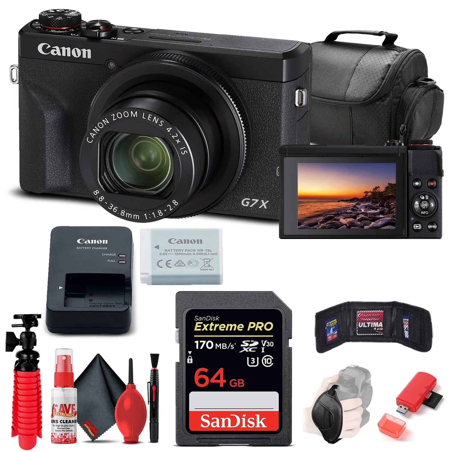Black Digital Camera with 64GB Card, Card Reader, Soft Bag, Flex Tripod, Hand Strap F254114