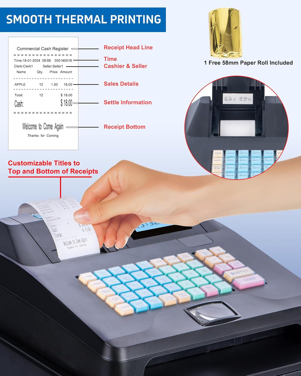 Cash Register with Cash Drawer and Built-In Receipt Printer, Dual Display J3368