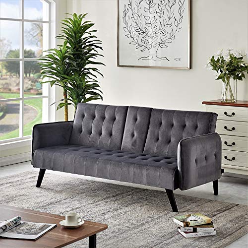 Blue Velvet Upholstered Futon Sofa Bed with Center Console and Cupholders S651281