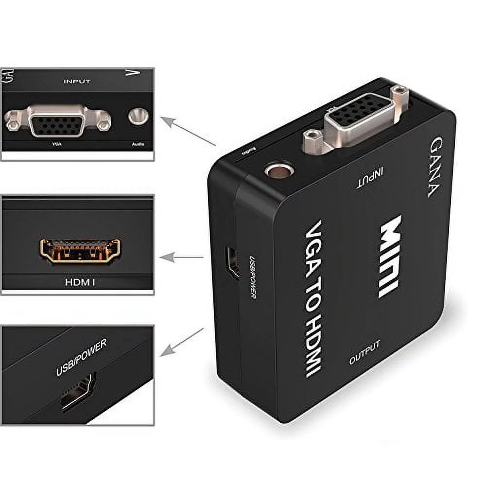 Black VGA to HDMI Audio Video Converter Adapter Box with USB Cable and 3.5mm Audio Port B5485