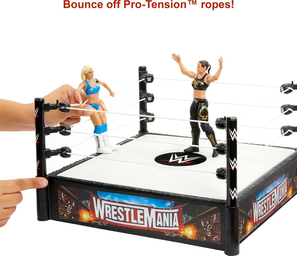 WWE Superstar Ring Playset with Spring-Loaded Mat, Pro-Tension Ropes & 4 Event Stickers, 14-inch J9503