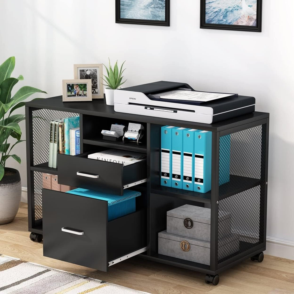 2 Drawer Wood File Cabinet with Open Storage Shelves P409