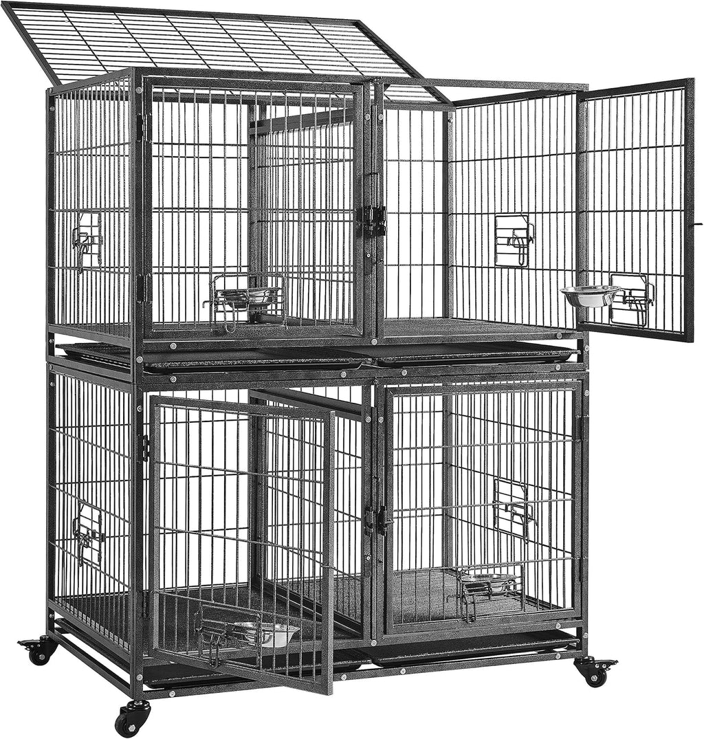 Stackable Dog Crate with Divider 43'' Rolling Heavy Duty Dog Cage with Open Top 2 Removable Trays Q674