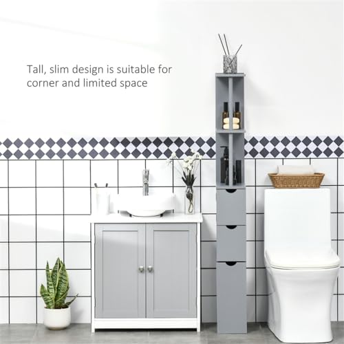 Slim Bathroom Cabinet with 3 Drawers Narrow Tall Freestanding Storage Shelf O45731