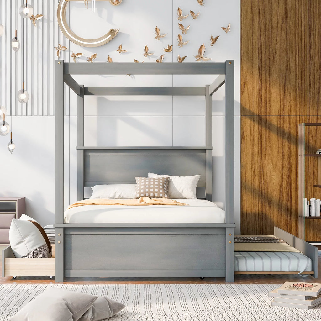 Gray Full Size Canopy Bed Frame with Trundle and 2 Storage Drawers V325443