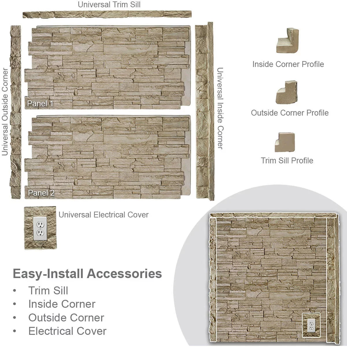 49"W x 24 1/2"H x 1 1/4"D Faux Stone Siding Panel B6199