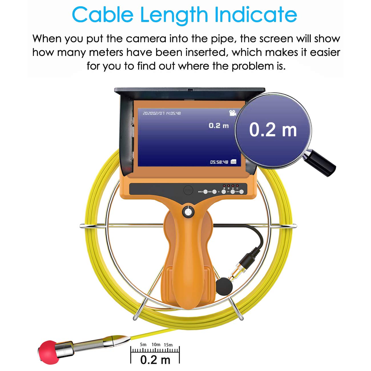 IP68 Waterproof Pipe Inspection Camera with 7TFT Monitor 20M/65ft W860389